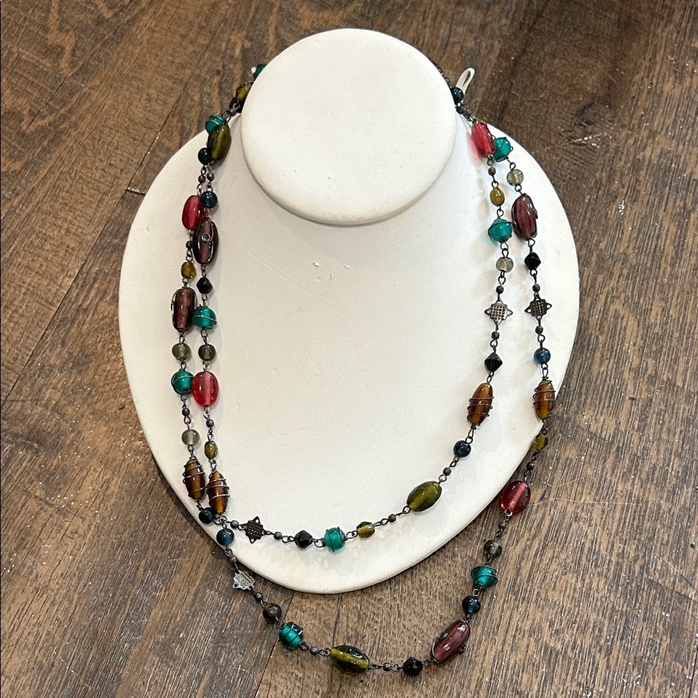 Vtg/Antique Dark Metal Wire Wrapped Art Glass Bead Necklace‎ 44" Colorful Boho